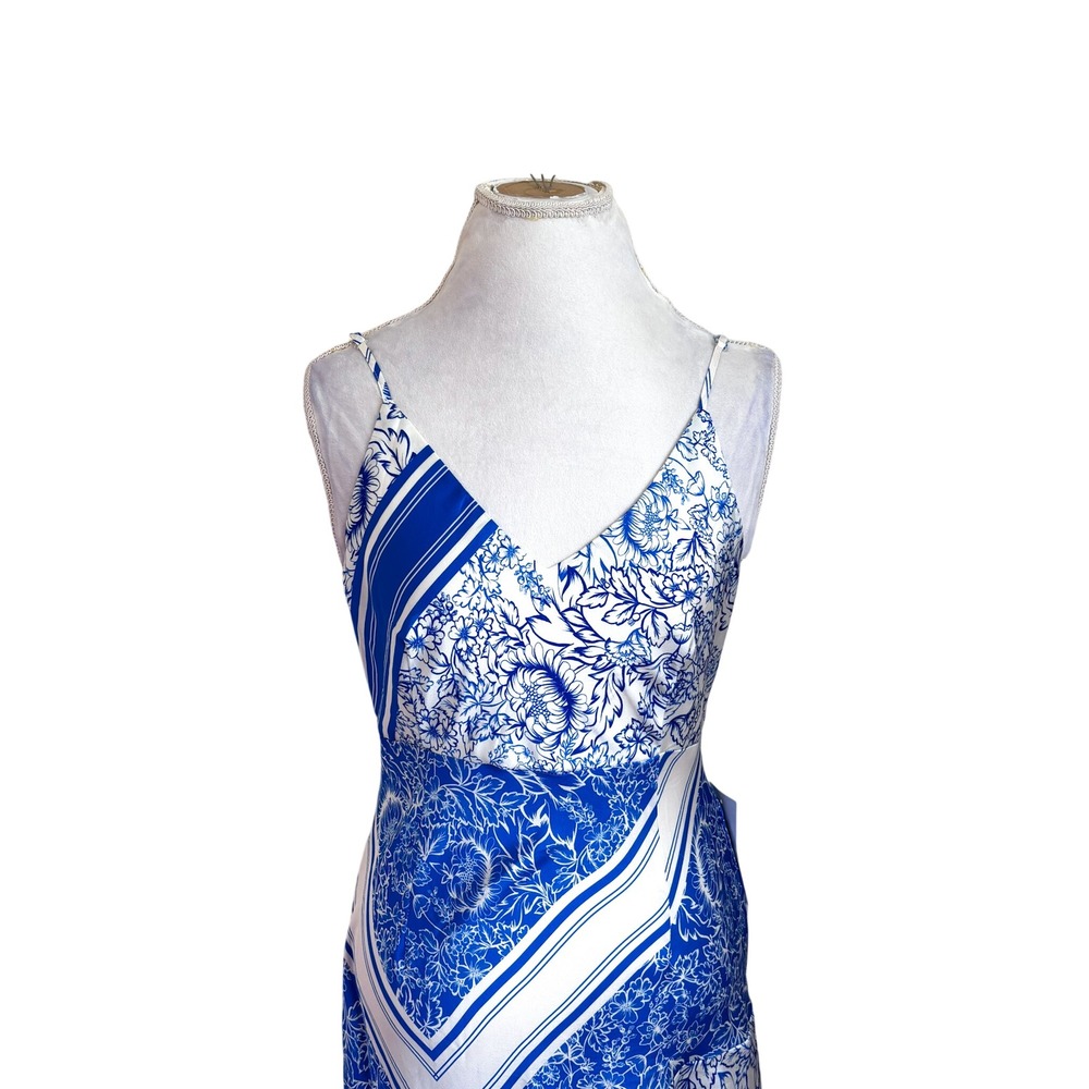 Never Fully Dressed Blue Santorini Senorita Slip Midi Dress Size 8 Ruffle Floral - Picture 2 of 9